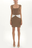 Bej Kontrast renkli triko elbise 27929