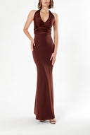 Kahve DERİN V YAKA ÖRME KUMAŞ ELBİSE 91733