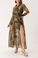 Desenli Büzgülü ve püskül detaylı uzun gömlek elbise 94404