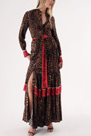 Leopar Kontrast renk kombinli büzgülü uzun gömlek elbise 94422