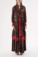 Leopar Kontrast renk kombinli büzgülü uzun gömlek elbise 94422