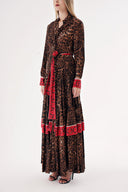 Leopar Kontrast renk kombinli büzgülü uzun gömlek elbise 94422