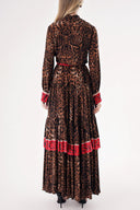 Leopar Kontrast renk kombinli büzgülü uzun gömlek elbise 94422