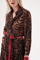 Leopar Kontrast renk kombinli büzgülü uzun gömlek elbise 94422