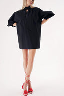 Siyah Yüksek yaka bağlamalı bol kesim mini gömlek elbise 94462