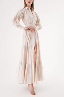 Bej Balon kol büzgülü kristal taş detaylı gömlek elbise 94546