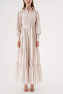 Bej Balon kol büzgülü kristal taş detaylı gömlek elbise 94546