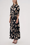 Desenli Büzgülü zincir aksesuar detaylı uzun gömlek elbise 94568