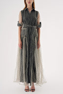 Puantiyeli Büzgülü beli lastikli uzun gömlek elbise 94573