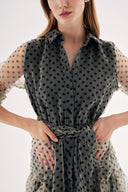 Puantiyeli Büzgülü beli lastikli uzun gömlek elbise 94573