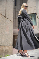 Siyah Kruvaze kapama leopar yaka detaylı kemerli trençkot 20406