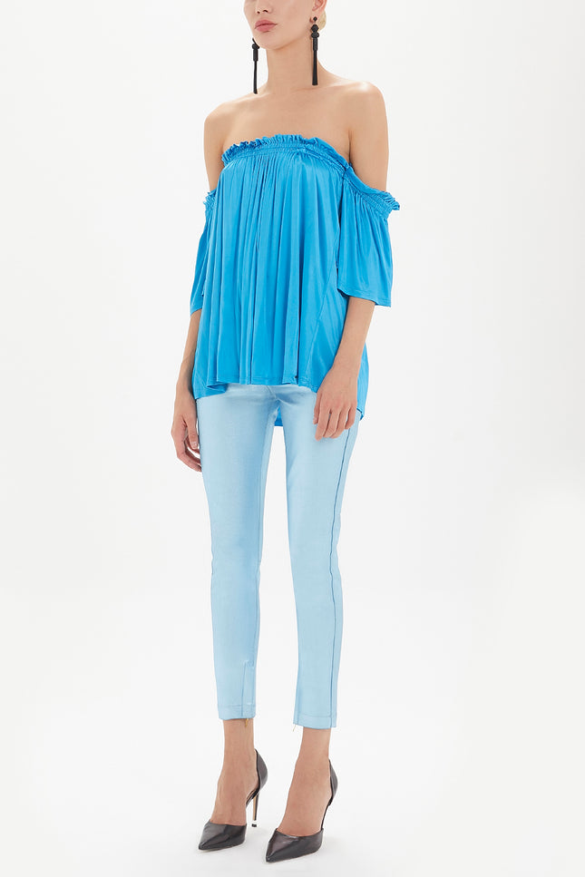 Blue Elastic  off shoulder  woven  blouse  19702
