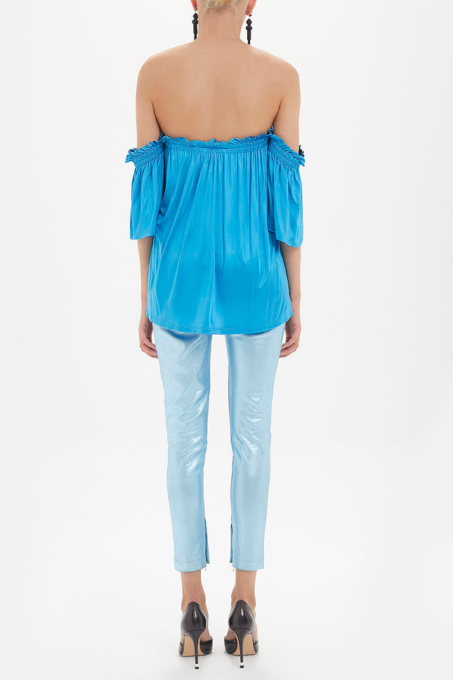 Blue Elastic  off shoulder  woven  blouse  19702