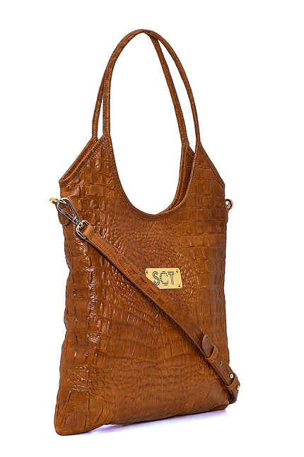 Camel Hair Textured leather shoulder bag with metal plate 23019