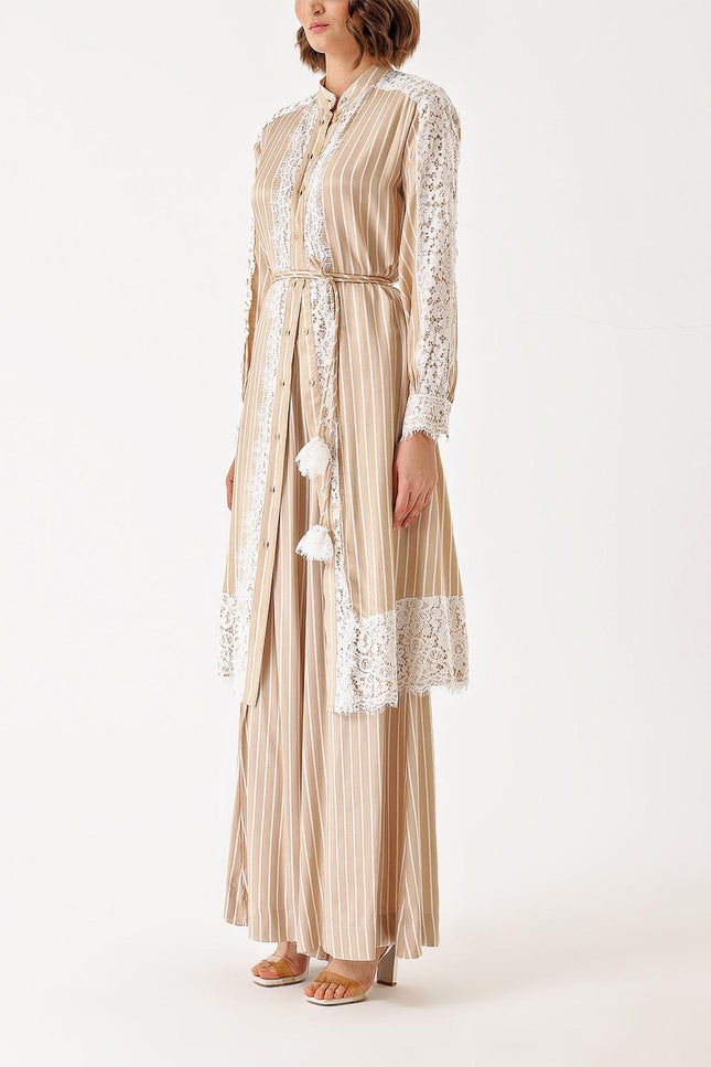 Beige Two-piece suit with lace detailed shirt and trousers 12321
