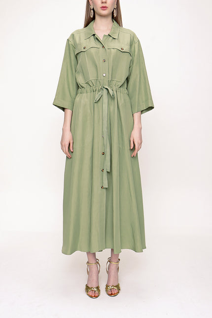 Green Wide cut linen shirt dress 93564