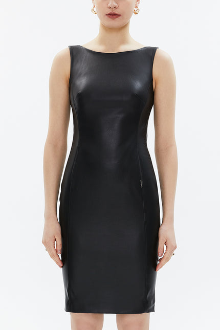Black Leather sleeveless Slim fit mini dress 93345