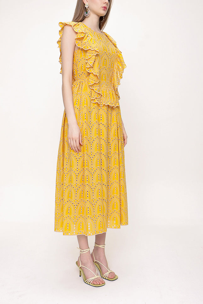 Mustard Ruffled sleeveless embroidered dress 93566