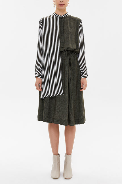 Khaki Striped fabric combined button midi dress 92805