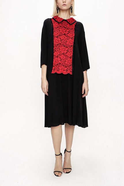 Siyah Kırmızı Dantel Detaylı Bol Kesim Elbise 94120