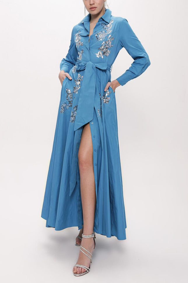 Mavi Payet Nakışlı Uzun Tafta Gömlek Elbise 94159