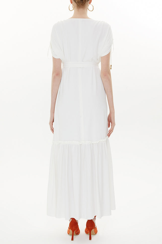 White Pleated sleeve wide cut maxi dress 93343