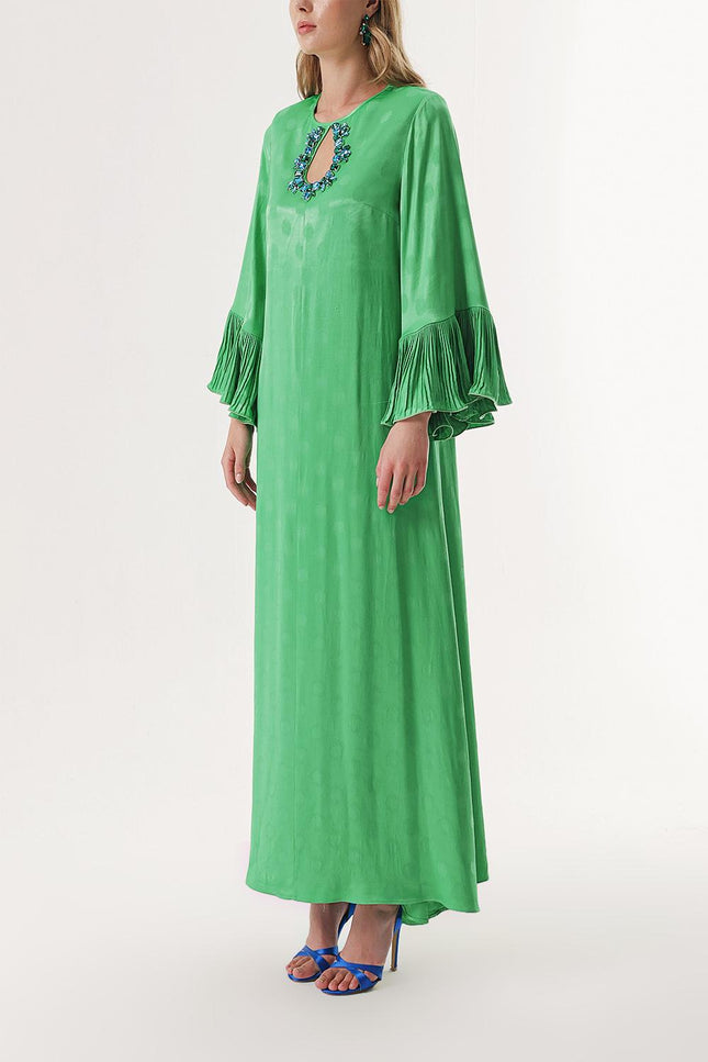 Yeşil Kolları Plise Detaylı Kristal Taş Işlemeli Uzun Elbise 94209