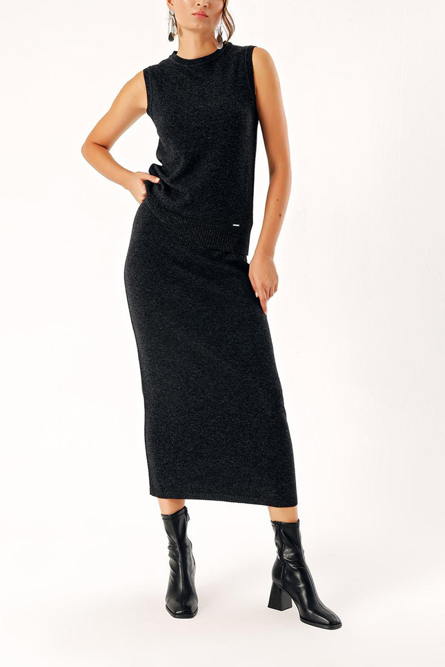 Anthracite Wool and cashmere blended skirt blouse knitwear suit 28830