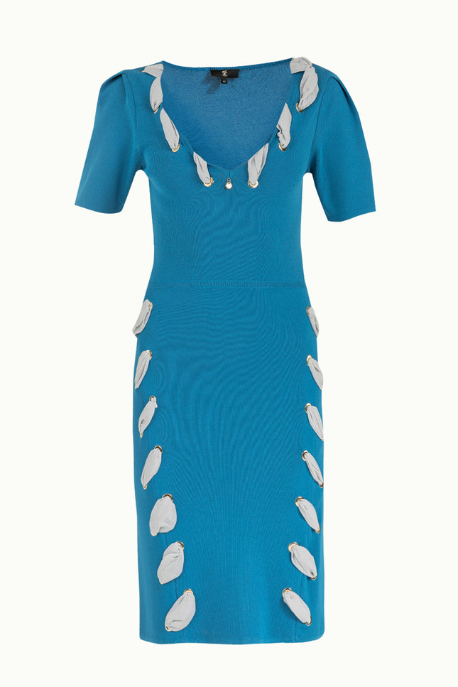 Kontrast Kumaşlı Triko Elbise Mavi 28053
