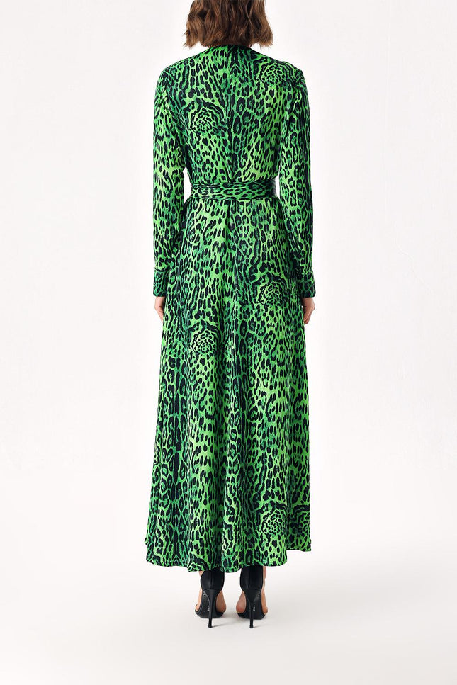 Leopar-Yeşil Düğme detaylı uzun kemerli elbise 94407