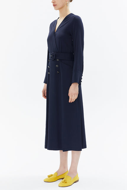Navy Blue Wrap-over belted midi dress 93322