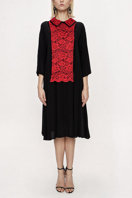 Siyah Kırmızı Dantel Detaylı Bol Kesim Elbise 94120