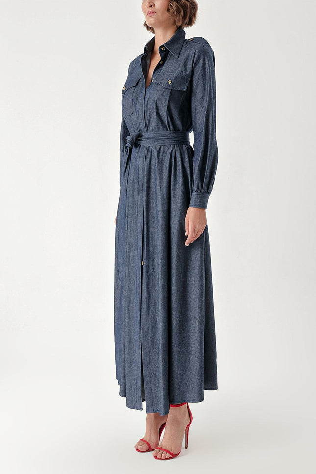 Navy Blue Long denim dress with snap detail 94372
