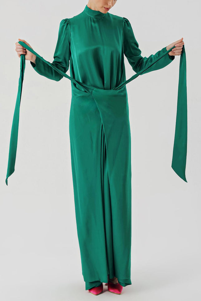 Green Long dress with a tied waist 94204