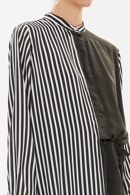 Khaki Striped fabric combined button midi dress 92805