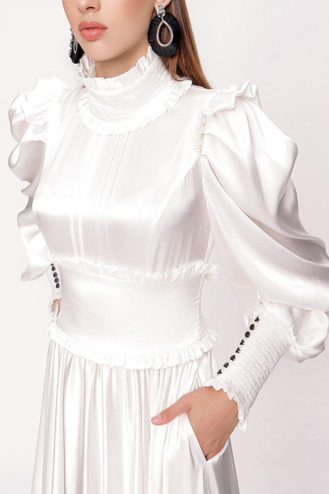 White Long dress with ruffled stripe detail 93999