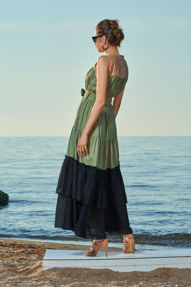 Green Sleeveless Ruffled linen dress 93541