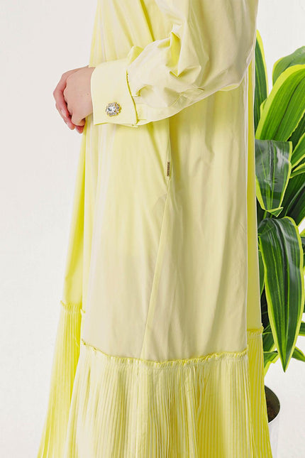 Sarı Pilise Detaylı Kol Düğmeli Bol Kesim Elbise 94197