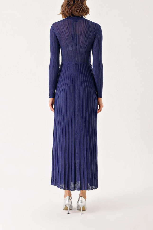 Navy Blue High collar pleated skirt long knitwear dress 28848