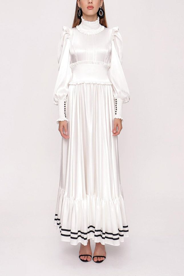 White Long dress with ruffled stripe detail 93999