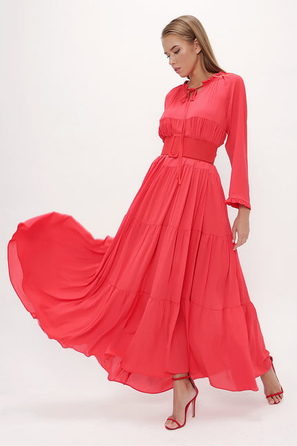 Red Wide cut Pleated maxi dress  93742