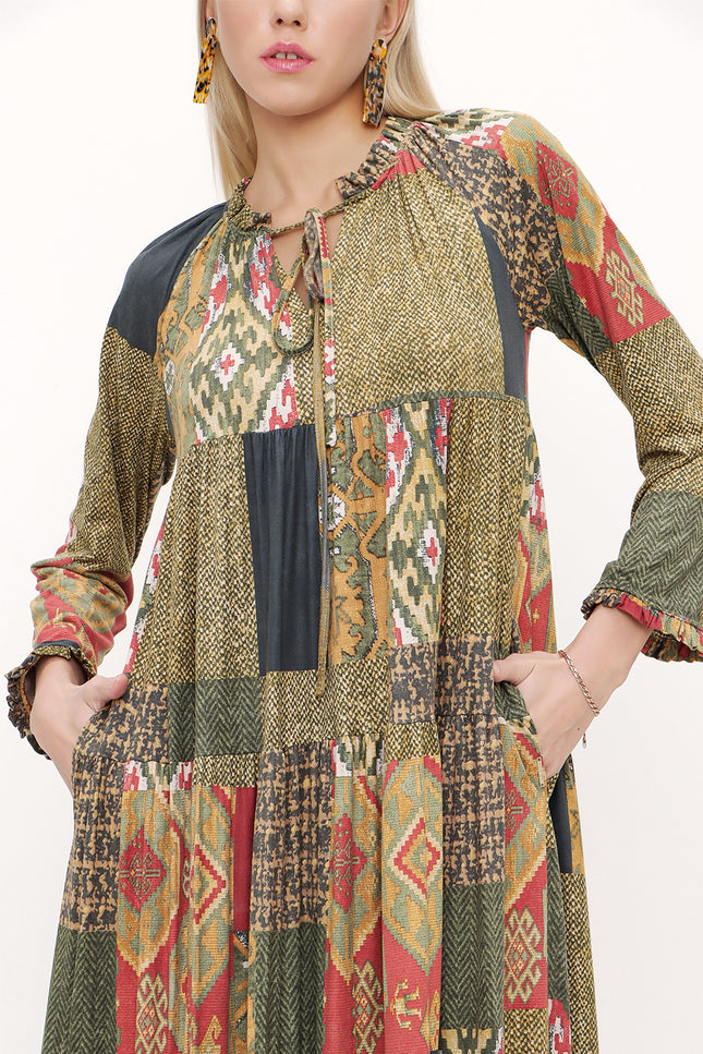 Khaki Pleated wide cut V-neck dress 93755