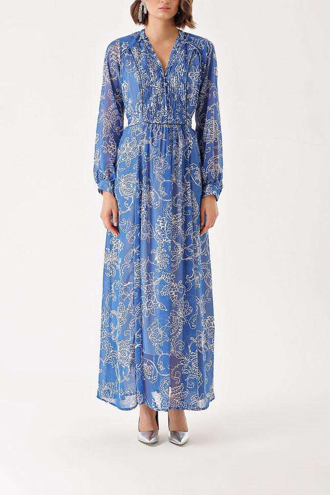 Blue Long chiffon dress with pleat detail 94303