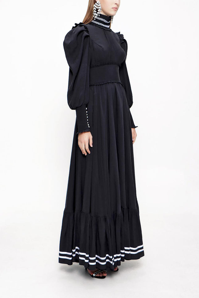 Black Long dress with ruffled stripe detail 93999