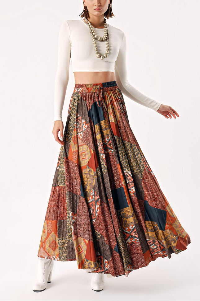 Patterned Pleated long skirt with elastic waist 81278