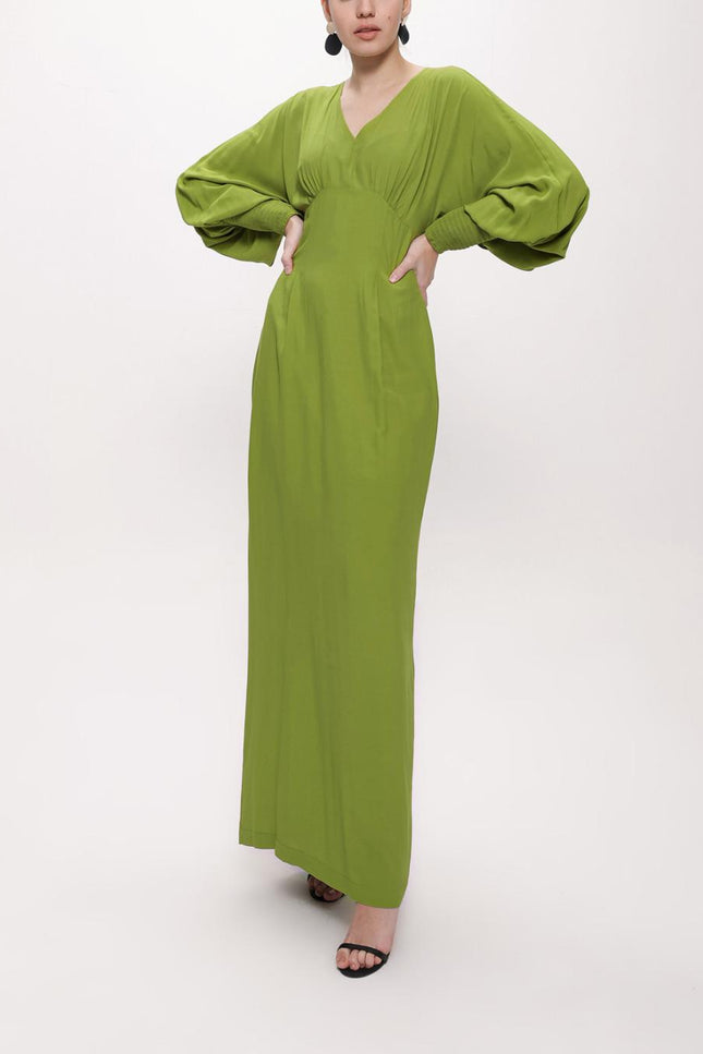 Yeşil V-neck Long Dress With Corset Detail 94163