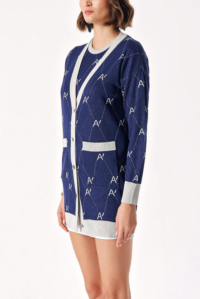 Navy Blue short sleeve blouse and long shiny cardigan twin set 28856