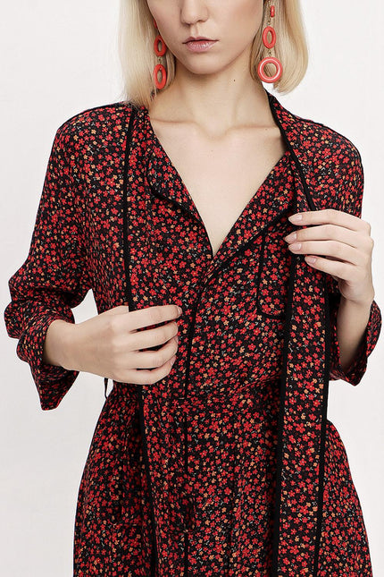 Siyah Kırmızı Biyeli Uzun Gömlek Elbise 94085