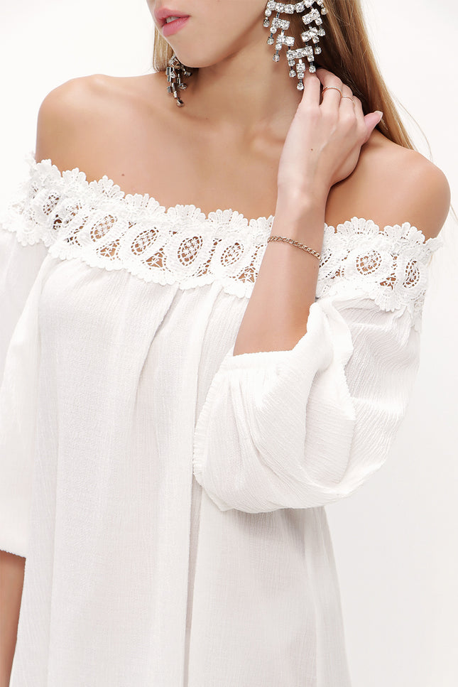 White Off shoulder  lace  mini dress  92307