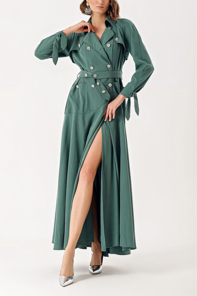 Green Long trench dress with crystal button detail 94400